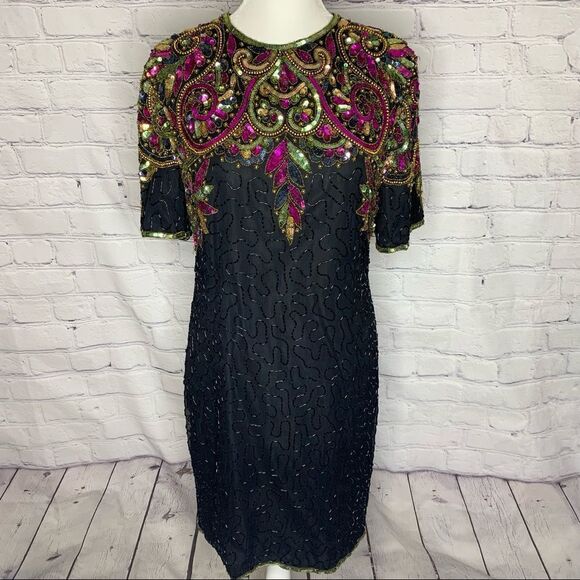 LAURENCE KAZAR Vintage silk beaded black and multicolored dress - Picture 1 of 12